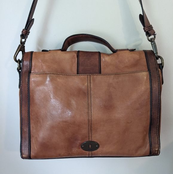 Fossil Two Tone Brown Leather Briefcase Messenger Tote Large Laptop Bag - Picture 5 of 8